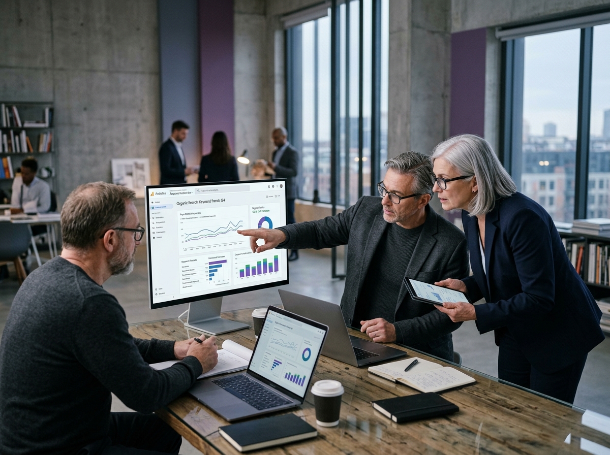 Search strategists analyzing organic performance data
